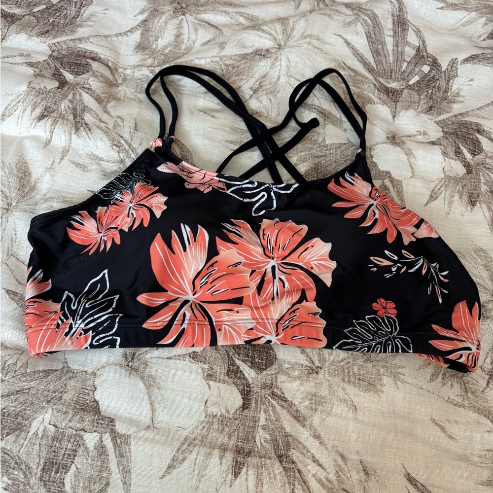 NWOT Floral Black and Coral Bikini Top